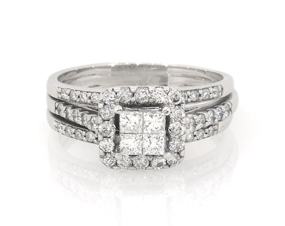 Previously Owned Princess-Cut Quad Diamond Halo Bridal Set 1-1/5 ct tw 14K White Gold Size 9