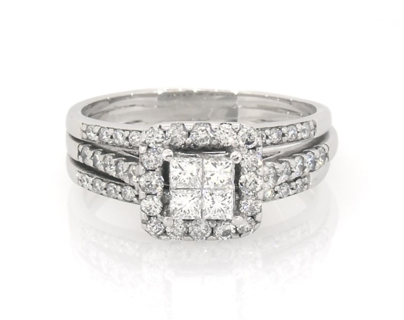 Main Image 1 of Previously Owned Princess-Cut Quad Diamond Halo Bridal Set 1-1/5 ct tw 14K White Gold Size 9
