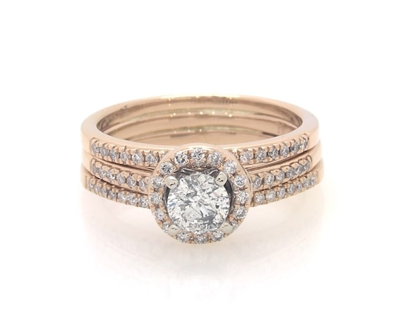 Previously Owned Round-Cut Diamond Halo Bridal Set 3/4 ct tw 14K Two-Tone Gold Size 6.75