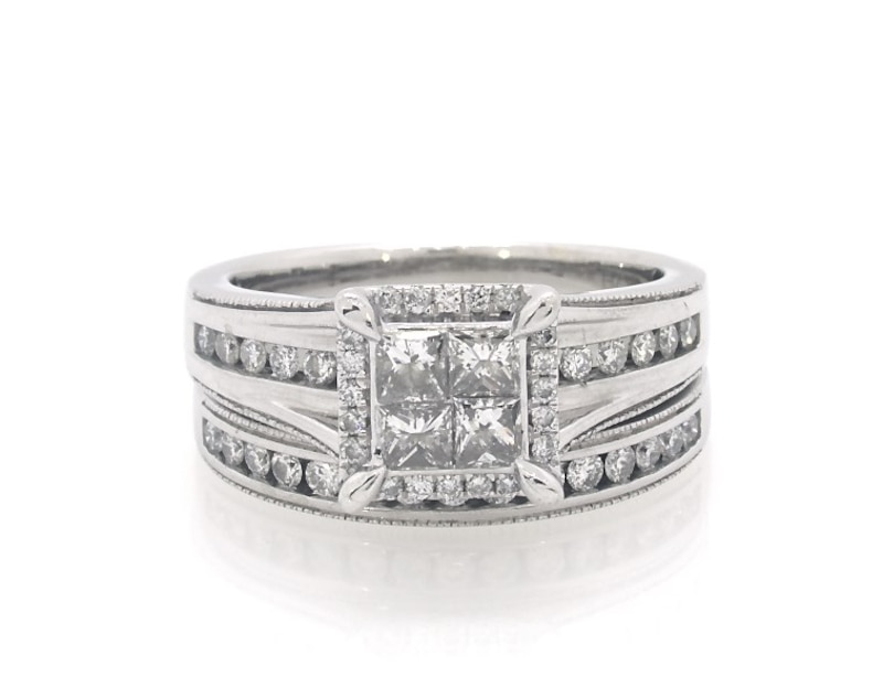 Main Image 1 of Previously Owned Princess-Cut Quad Diamond Bridal Set 7/8 ct tw 14K White Gold Size 7