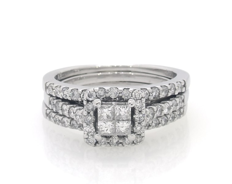 Main Image 1 of Previously Owned Princess-Cut Quad Diamond Bridal Set 3/4 ct tw 14K White Gold Size 4.25