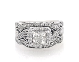 Previously Owned Princess-Cut Quad Diamond Twist Shank Soldered Bridal Set 7/8 ct tw 14K White Gold Size 6.25