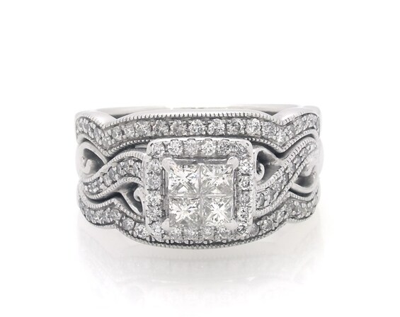 Previously Owned Princess-Cut Quad Diamond Twist Shank Soldered Bridal Set 7/8 ct tw 14K White Gold Size