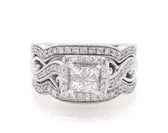 Previously Owned Princess-Cut Quad Diamond Twist Shank Soldered Bridal Set 7/8 ct tw 14K White Gold Size