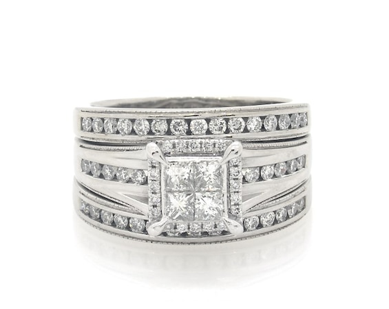 Previously Owned Princess-Cut Quad Diamond Halo Bridal Set 1-1/6 ct tw 14K White Gold Size 8.5