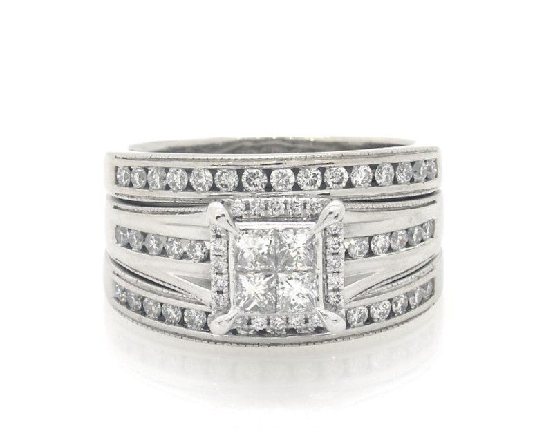 Main Image 1 of Previously Owned Princess-Cut Quad Diamond Halo Bridal Set 1-1/6 ct tw 14K White Gold Size 8.5