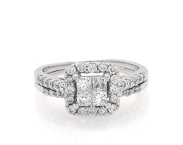 Previously Owned Princess-Cut Quad Diamond Halo Bridal Set 1 ct tw 14K White Gold Size 7.5