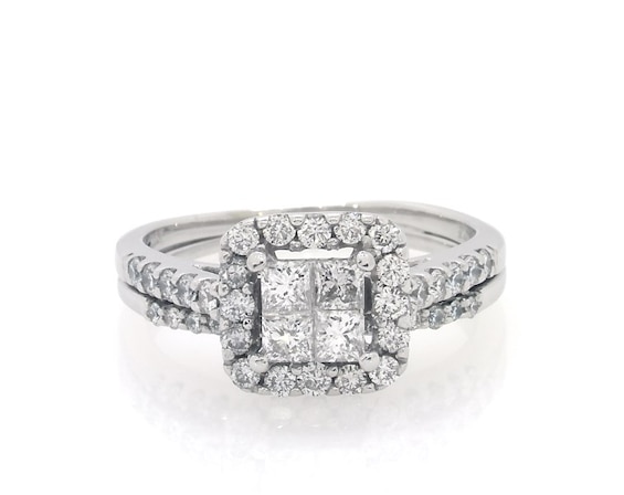 Previously Owned Princess-Cut Quad Diamond Halo Bridal Set 1 ct tw 14K White Gold Size 7.5