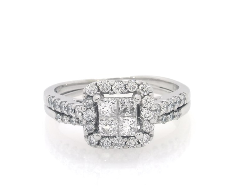 Main Image 1 of Previously Owned Princess-Cut Quad Diamond Halo Bridal Set 1 ct tw 14K White Gold Size 7.5