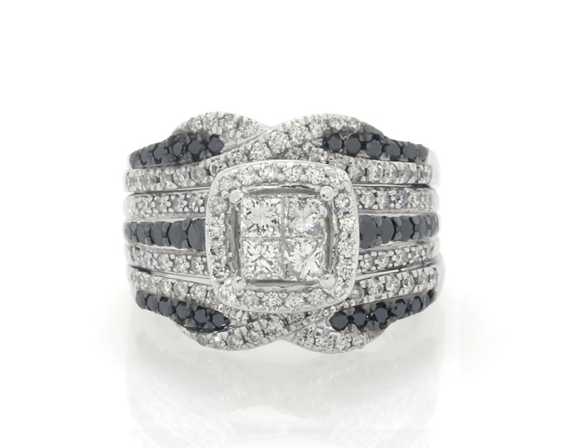 Main Image 1 of Previously Owned Princess-Cut Quad Black & White Diamond Bridal Set 1-1/8 ct tw 14K White Gold Size 4.5