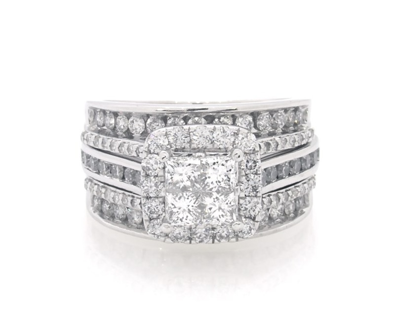 Main Image 1 of Previously Owned Princess-Cut Quad Diamond Halo Bridal Set 1-3/8 ct tw 14K White Gold Size 4.25