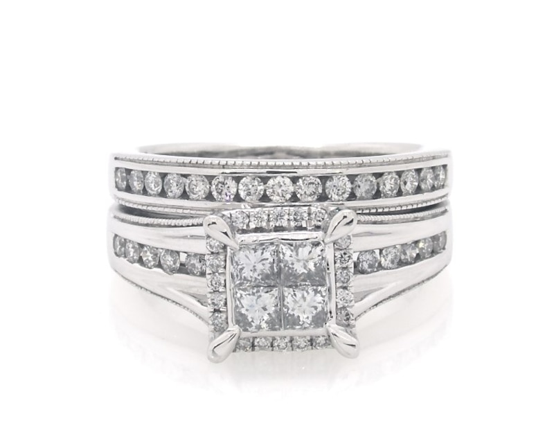 Main Image 1 of Previously Owned Princess-Cut Quad Diamond Bridal Set 7/8 ct tw 14K White Gold Size 6