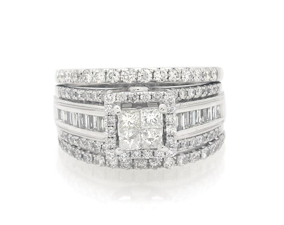 Previously Owned Princess-Cut Quad Diamond Halo Bridal Set 1-3/8 ct tw 14K White Gold 7
