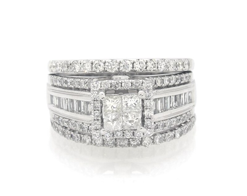 Main Image 1 of Previously Owned Princess-Cut Quad Diamond Halo Bridal Set 1-3/8 ct tw 14K White Gold Size 7