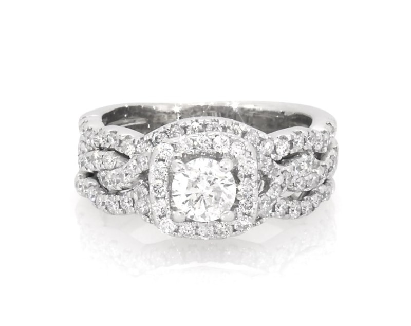 Main Image 1 of Previously Owned Round-Cut Diamond Cushion Halo Bridal Set 1-1/6 ct tw 14K White Gold Size 6.75