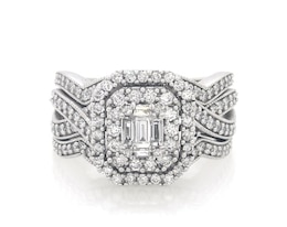 Previously Owned Baguette & Round-Cut Diamond Double Halo Bridal Set 1-1/3 ct tw 14K White Gold Size 7.5