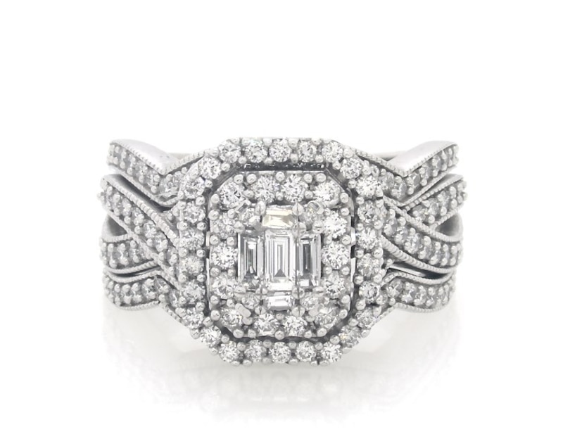 Main Image 1 of Previously Owned Baguette & Round-Cut Diamond Double Halo Bridal Set 1-1/3 ct tw 14K White Gold Size 7.5