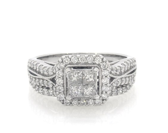 Previously Owned Princess-Cut Quad Diamond Halo Bridal Set 1-1/5 ct tw 14K White Gold Size