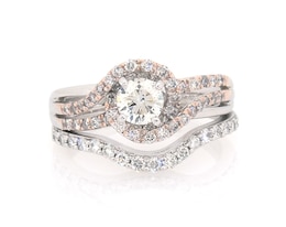 Previously Owned Round-Cut Diamond Bypass Halo Bridal Set 1-1/5 ct tw 14K Two-Tone Gold Size 6.75