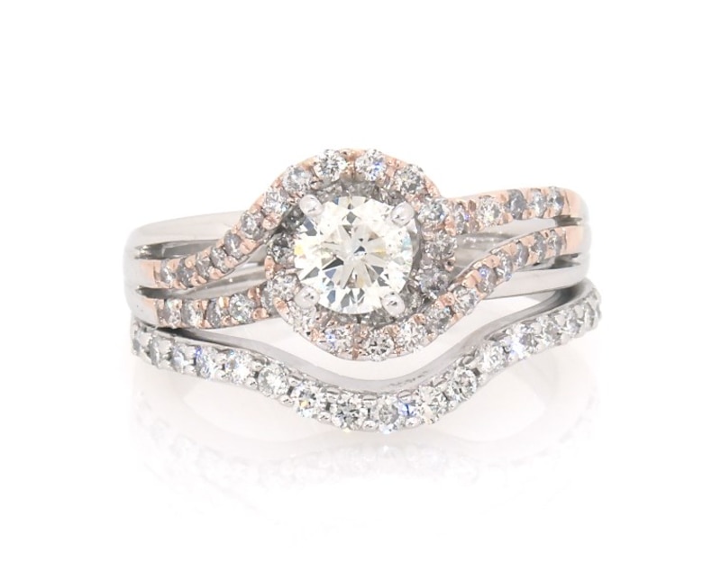 Main Image 1 of Previously Owned Round-Cut Diamond Bypass Halo Bridal Set 1-1/5 ct tw 14K Two-Tone Gold Size 6.75