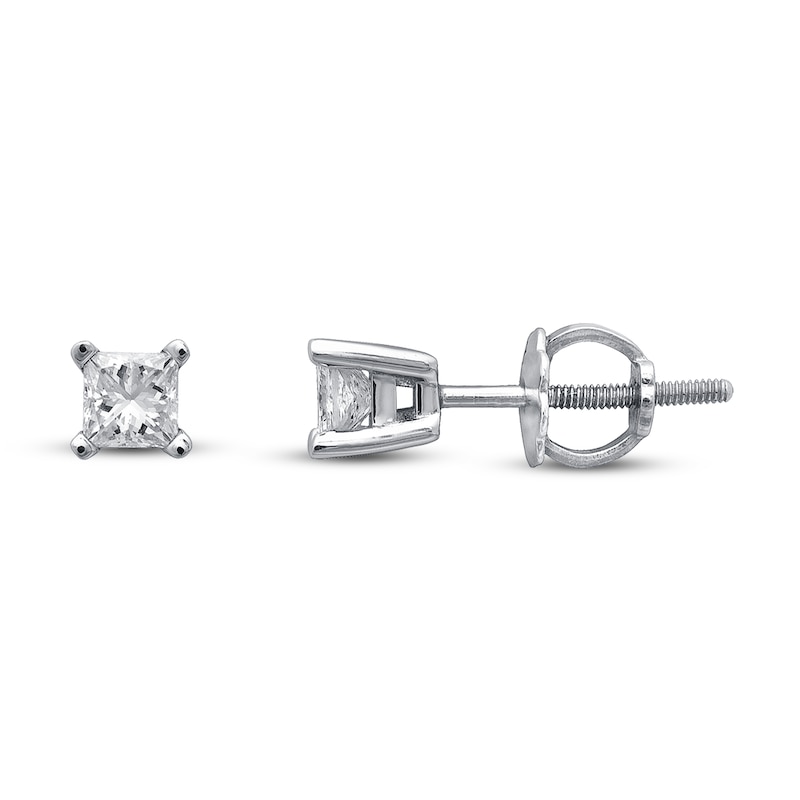 Main Image 1 of Previously Owned Certified Princess-Cut Diamond Solitaire Stud Earrings 1/3 ct tw 18K White Gold (I/I1)