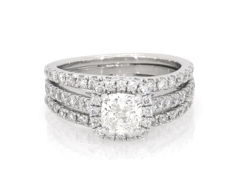 Main Image 1 of Previously Owned Cushion-Cut Diamond Halo Bridal Set 1-1/2 ct tw 10K White Gold & Platinum Size 6
