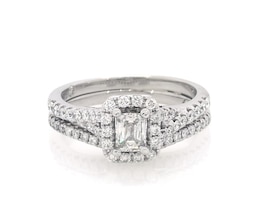 Previously Owned THE LEO Diamond Emerald-Cut Halo Bridal Set 1-1/5 ct tw 14K White Gold Size 8
