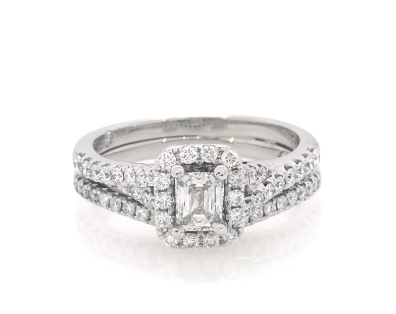 Main Image 1 of Previously Owned THE LEO Diamond Emerald-Cut Halo Bridal Set 1-1/5 ct tw 14K White Gold Size 8