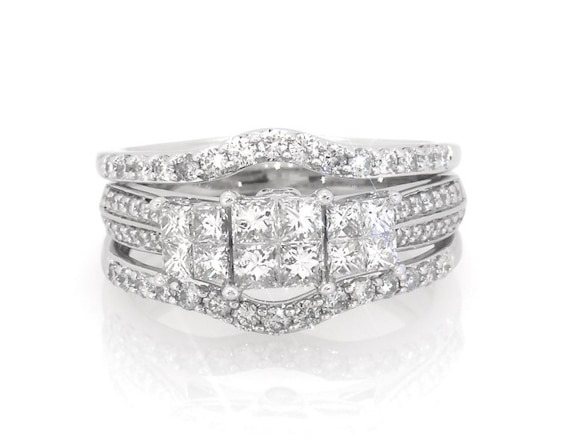 Previously Owned Princess-Cut Quad Diamond Trio Bridal Set 1-3/8 ct tw 14K White Gold Size 7.75