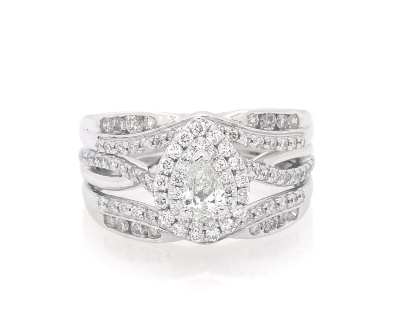 Main Image 1 of Previously Owned Pear-Shaped Diamond Double Halo Bridal Set 3/4 ct tw 14K White Gold Size 5.75