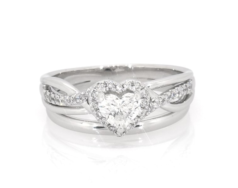Main Image 1 of Previously Owned Heart-Shaped Diamond Halo Bridal Set 3/4 ct tw 10K & 14K White Gold Size 8.25