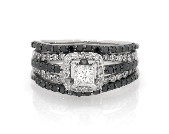 Previously Owned Princess-Cut White Diamond & Black Bridal Set 1-1/4 ct tw 14K Gold 6.5