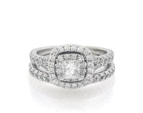 Previously Owned Neil Lane Princess-Cut Diamond Double Halo Bridal Set 1 ct tw 14K White Gold Size 4.75
