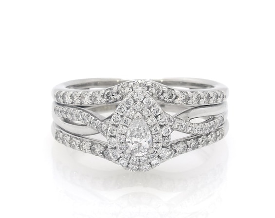 Previously Owned Pear-Shaped Diamond Double Halo Bridal Set 7/8 ct tw 14K White Gold Size 8.25