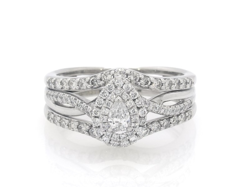 Main Image 1 of Previously Owned Pear-Shaped Diamond Double Halo Bridal Set 7/8 ct tw 14K White Gold Size 8.25