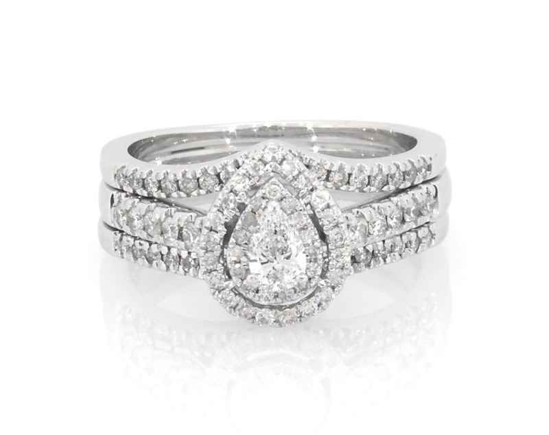 Main Image 1 of Previously Owned Pear-Shaped Diamond Double Halo Bridal Set 5/8 ct tw 10K White Gold Size 6.75