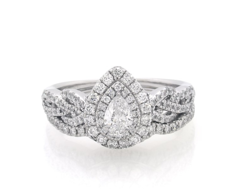 Main Image 1 of Previously Owned Neil Lane Pear-Shaped Diamond Double Halo Bridal Set 7/8 ct tw 14K White Gold Size 6.75