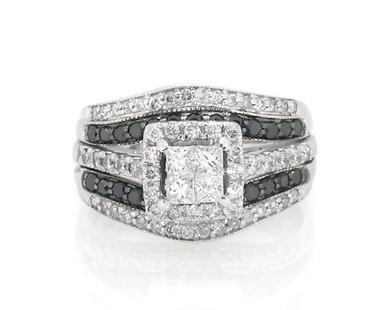 Previously Owned Princess-Cut Quad White Diamond & Black Diamond Bridal Set 7/8 ct tw 14K White Gold Size 5.5