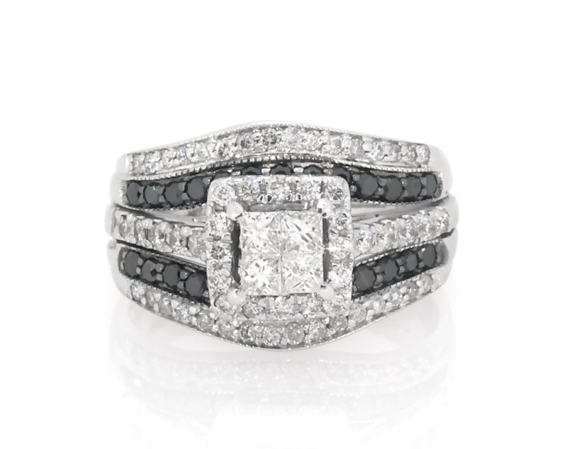 Main Image 1 of Previously Owned Princess-Cut Quad White Diamond & Black Diamond Bridal Set 7/8 ct tw 14K White Gold Size 5.5