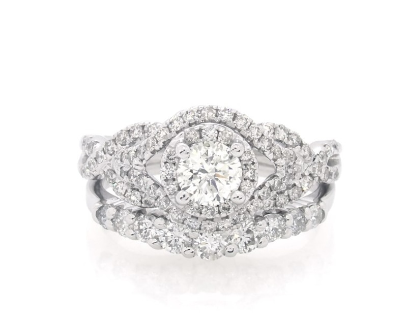 Main Image 1 of Previously Owned Round-Cut Diamond Halo Bridal Set 1-1/3 ct tw 14K White Gold Size 6.5