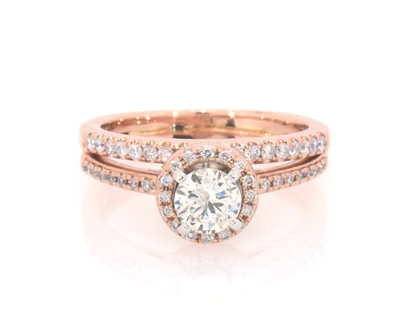 Main Image 1 of Previously Owned Round-Cut Diamond Halo Bridal Set 3/4 ct tw 14K Two-Tone Gold Size 6.75