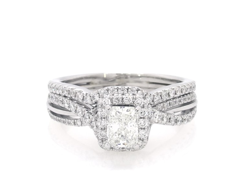 Main Image 1 of Previously Owned Neil Lane Radiant-Cut Diamond Halo Bridal Set 1-1/5 ct tw 14K White Gold Size 7.25