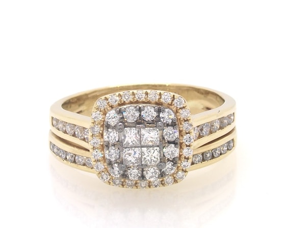 Previously Owned Princess-Cut Quad Diamond Double Halo Bridal Set 1 ct tw 14K Two-Tone Gold Size 8.5