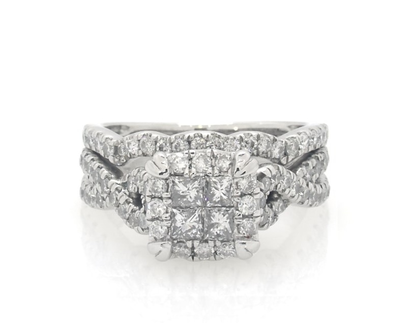 Main Image 1 of Previously Owned Princess-Cut Quad Diamond Halo Bridal Set 1-1/5 ct tw 14K White Gold Size 5.5