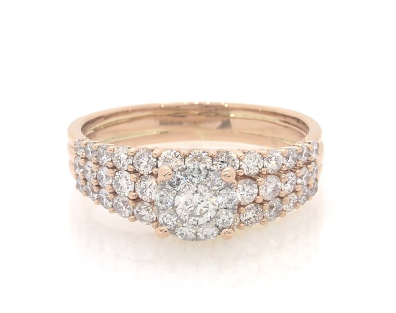 Main Image 1 of Previously Owned Round-Cut Diamond Halo Bridal Set 1-1/3 ct tw 14K Rose Gold Size 9