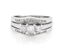 Previously Owned Princess-Cut Diamond Three-Stone Bridal Set 5/8 ct tw 14K White Gold & Platinum Size 8