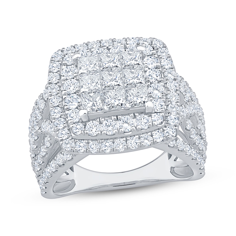 Main Image 1 of Previously Owned Princess-Cut Multi-Diamond Double Halo Engagement Ring 3 ct tw 10K White Gold