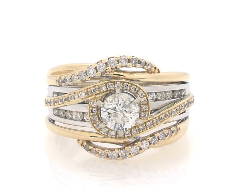 Main Image 1 of Previously Owned Round-Cut Diamond Bypass Halo Bridal Set 1-1/8 ct tw 14K Two-Tone Gold Size 6.5