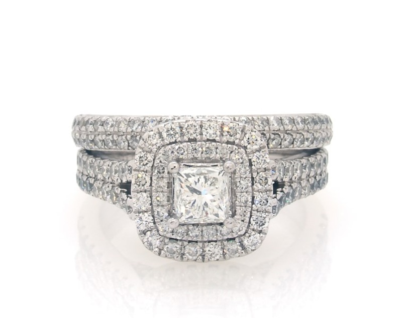 Main Image 1 of Previously Owned Princess-Cut Diamond Double Halo Bridal Set 1-7/8 ct tw 14K White Gold Size 6.75