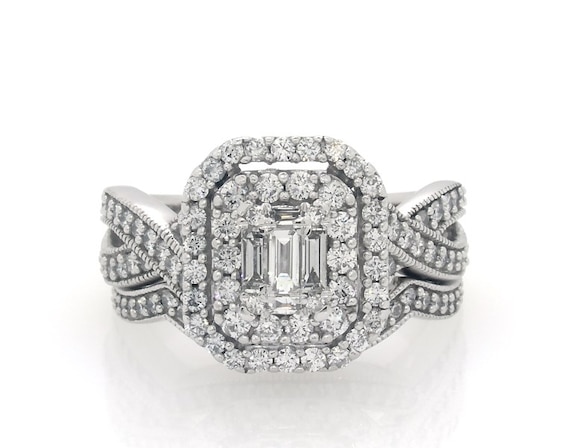 Previously Owned Baguette-Cut Diamond Double Halo Bridal Set 1-1/8 ct tw 14K White Gold Size